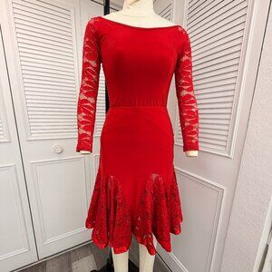Dance America  Sz M Red Latin/Swing Skirt & Top Lace Insets